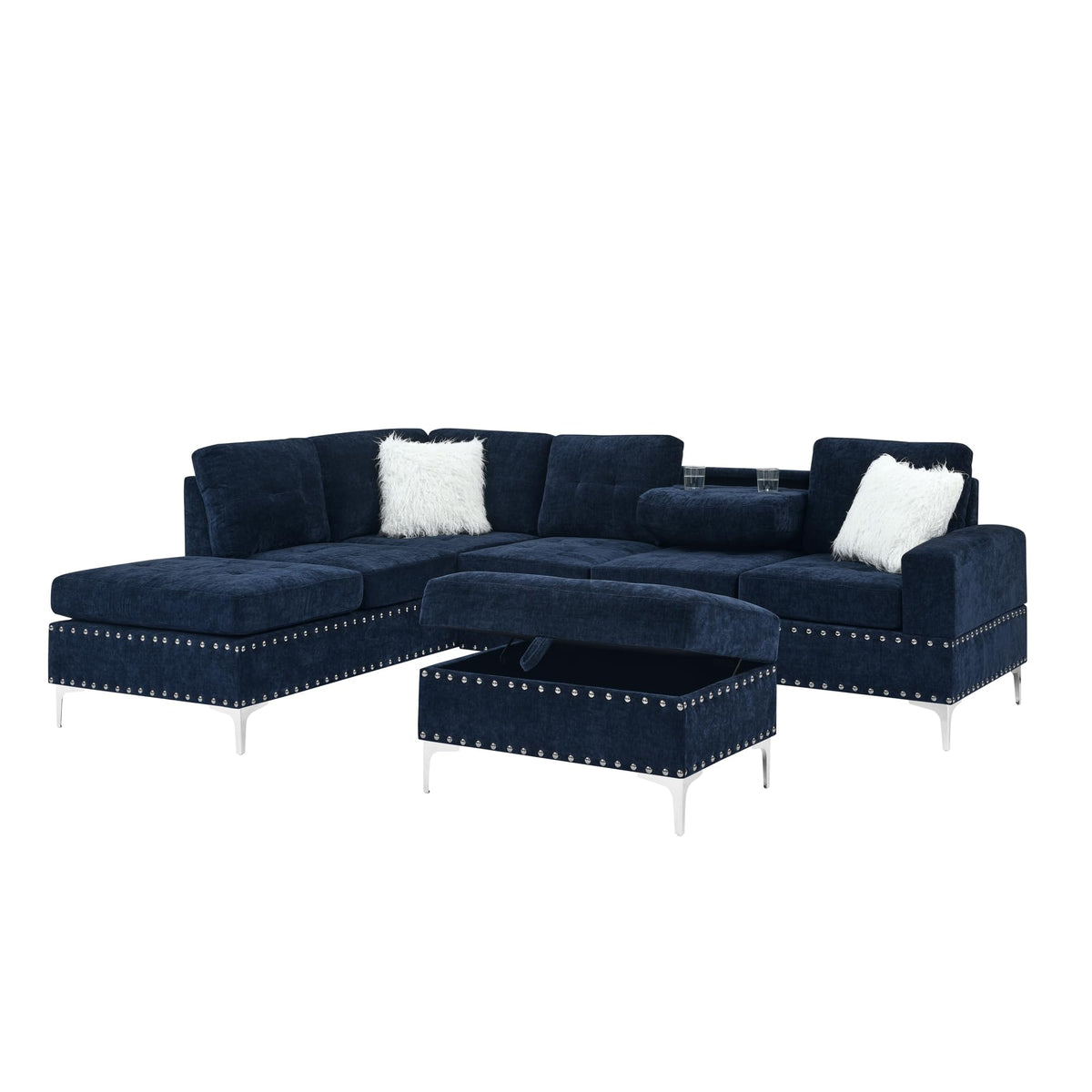 108'' Chenille Navy Blue L-Shaped Sectional Sofa with Storage Ottoman Z80271