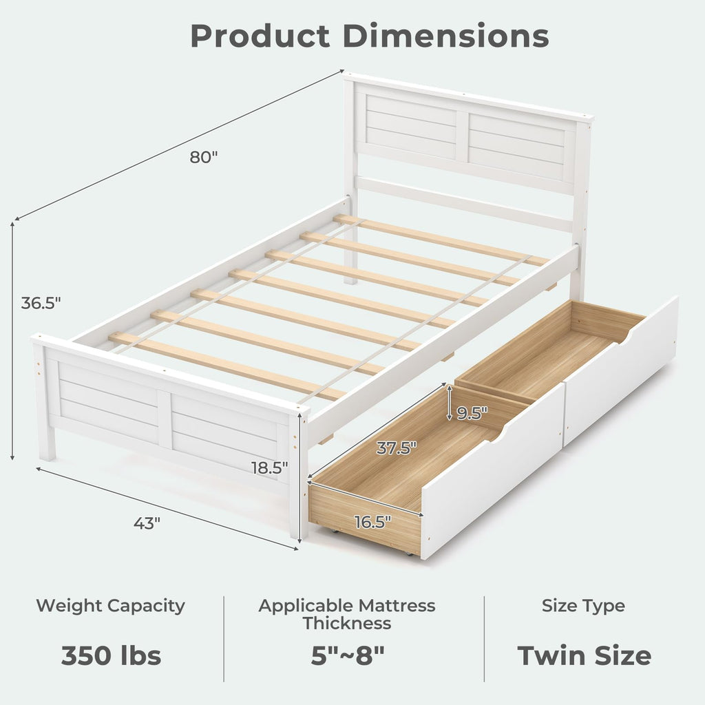 White Wood Twin Bed with 2 Storage Drawers G726