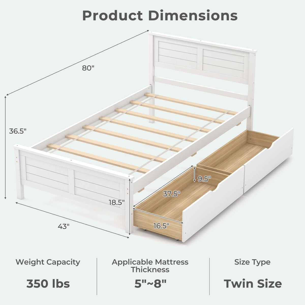 White Wood Twin Bed with 2 Storage Drawers G726