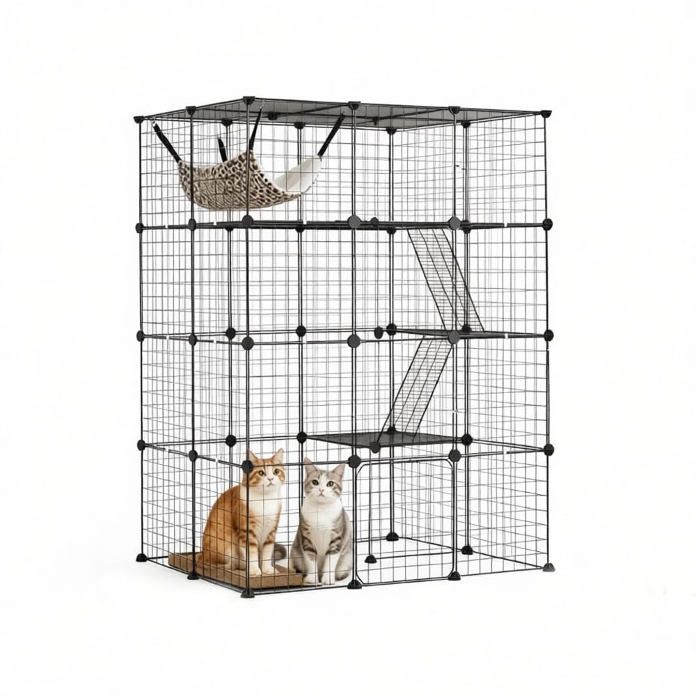 4-Tier Metal Wire Cat Cage with Hammock, Platforms & Ramps, Black L612056