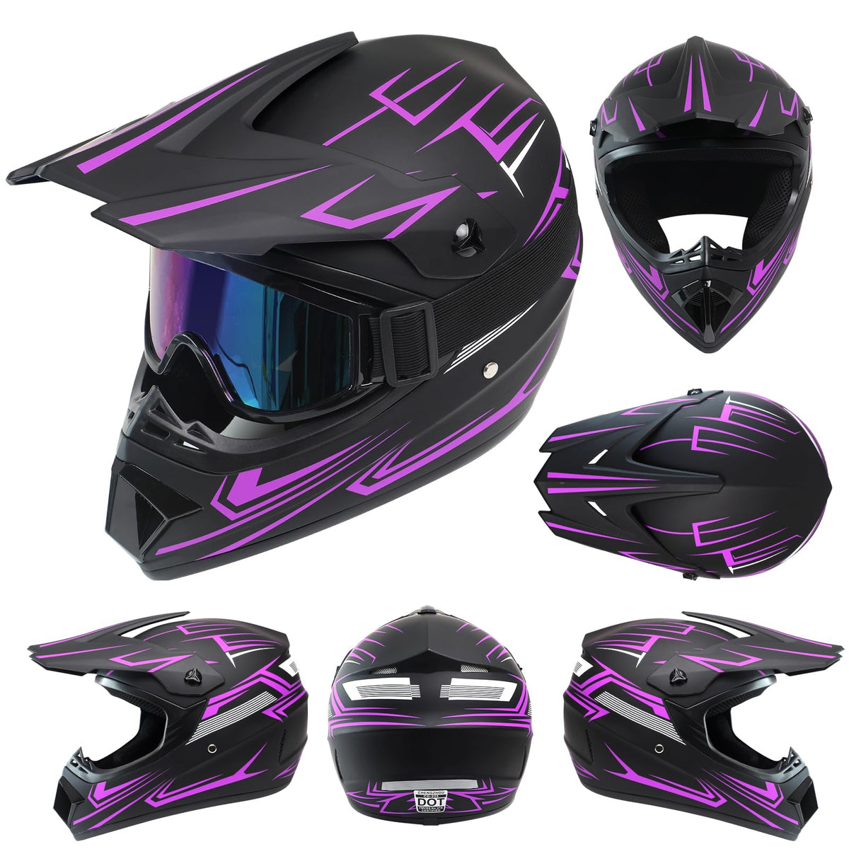 Kids Full Face Motocross Helmet 4-Pcs Set DOT Approved Purple X-Large L785