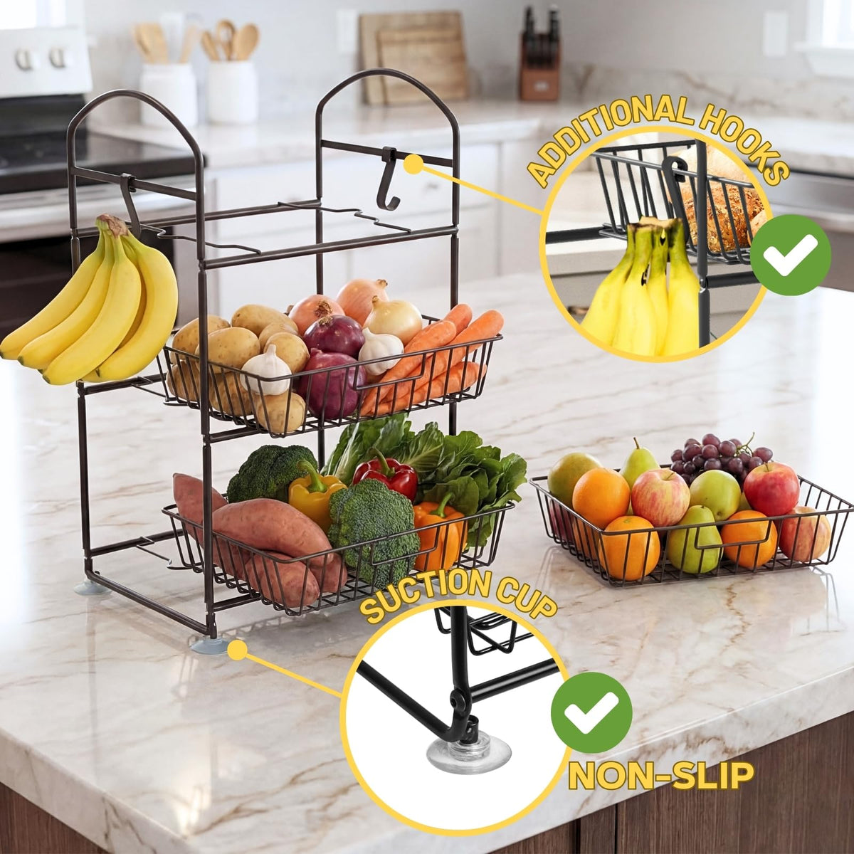 3 Tier Metal Fruit Basket with Banana Hangers H645540