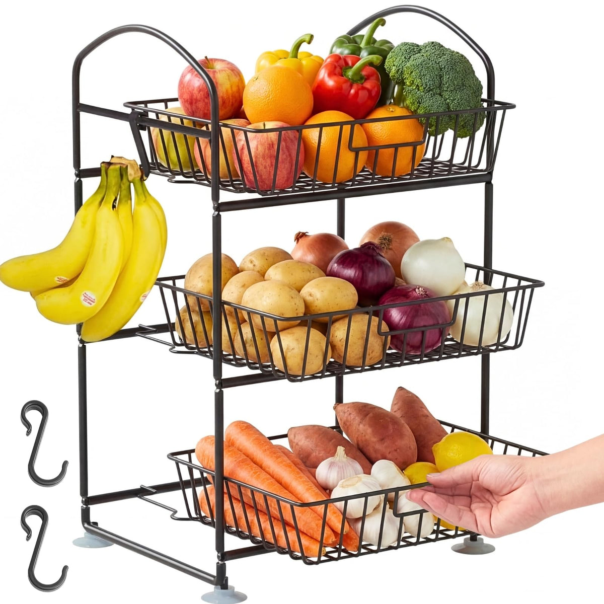 3 Tier Metal Fruit Basket with Banana Hangers H645540
