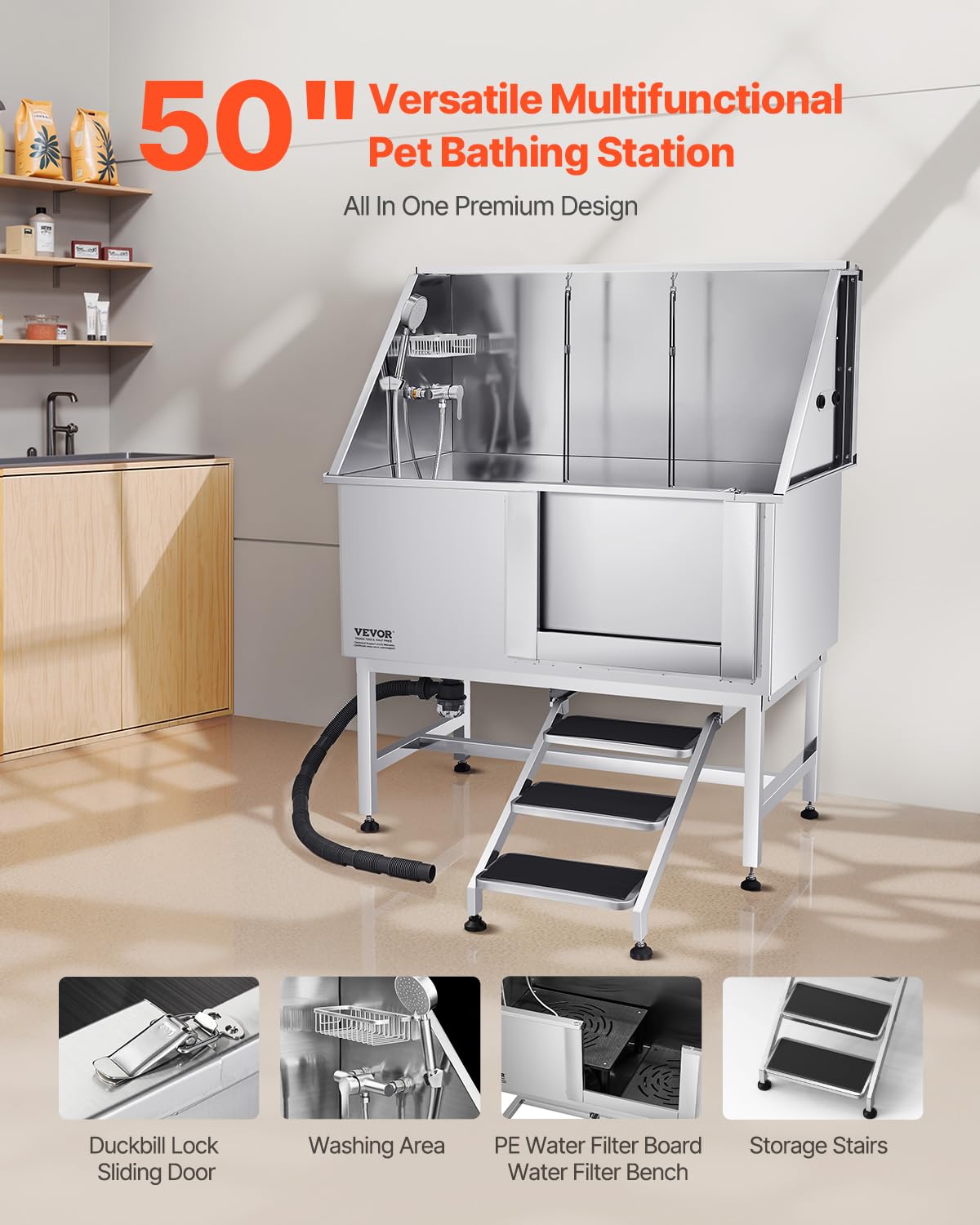 Stainless Steel 50 inch Dog Washing Station with Stairs M4401
