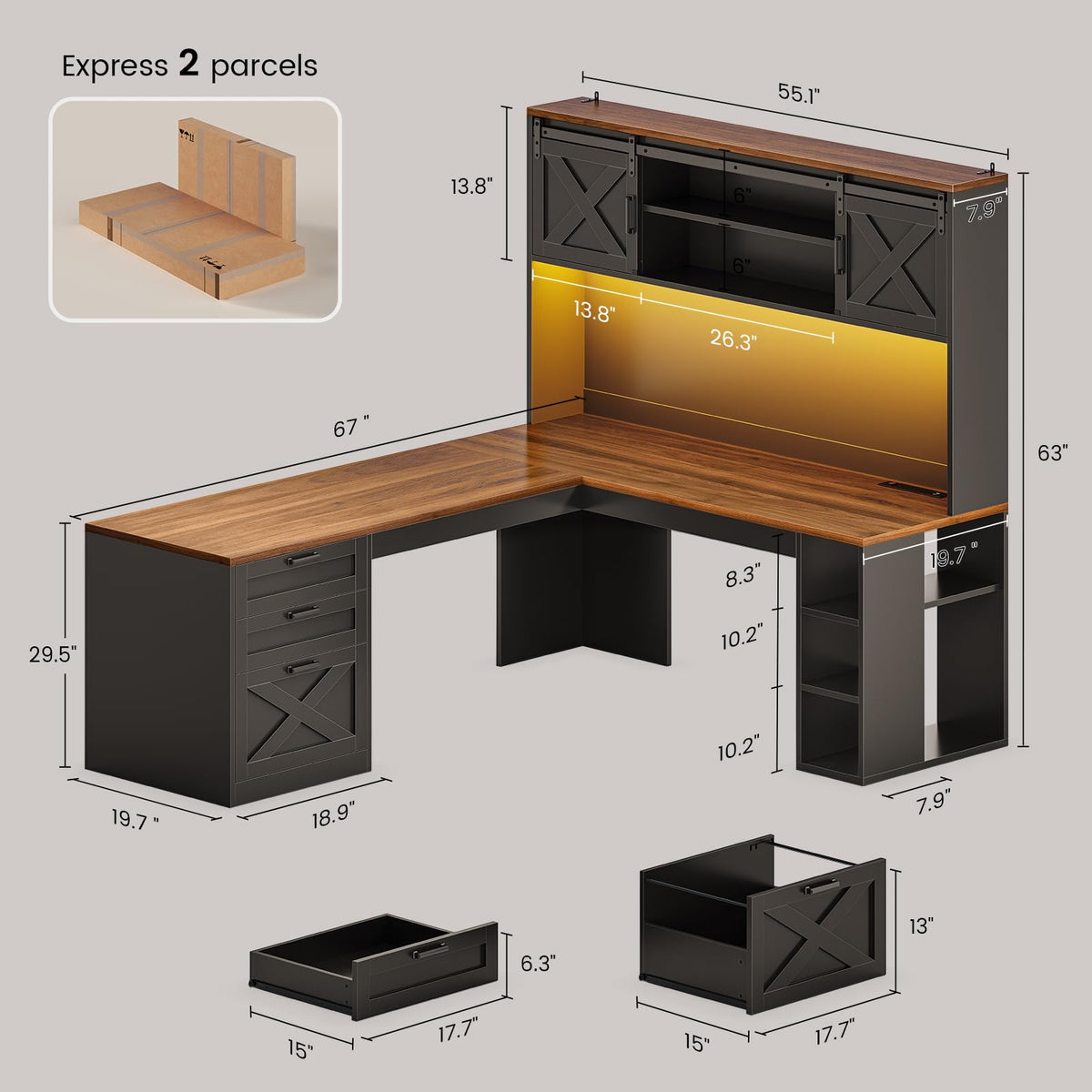 67" L Shaped Desk with Hutch R960