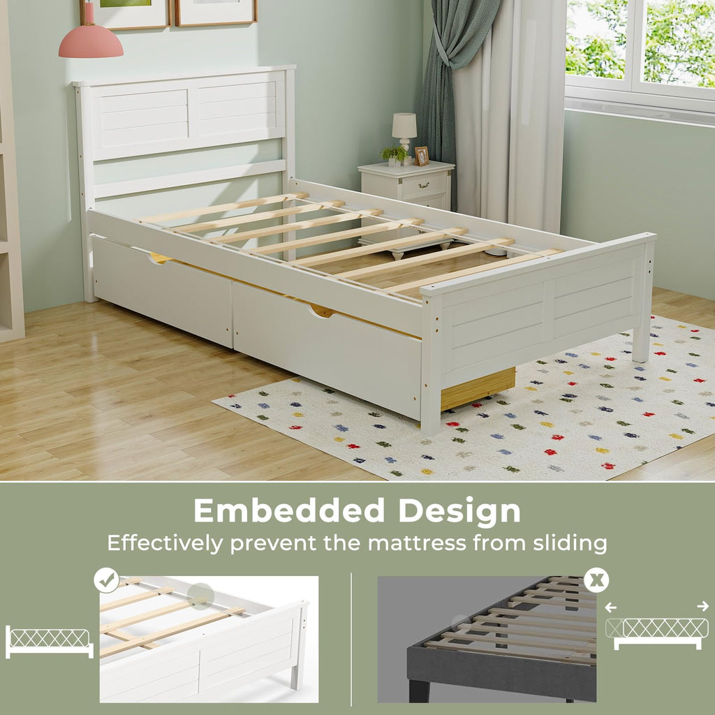 White Wood Twin Bed with 2 Storage Drawers G726