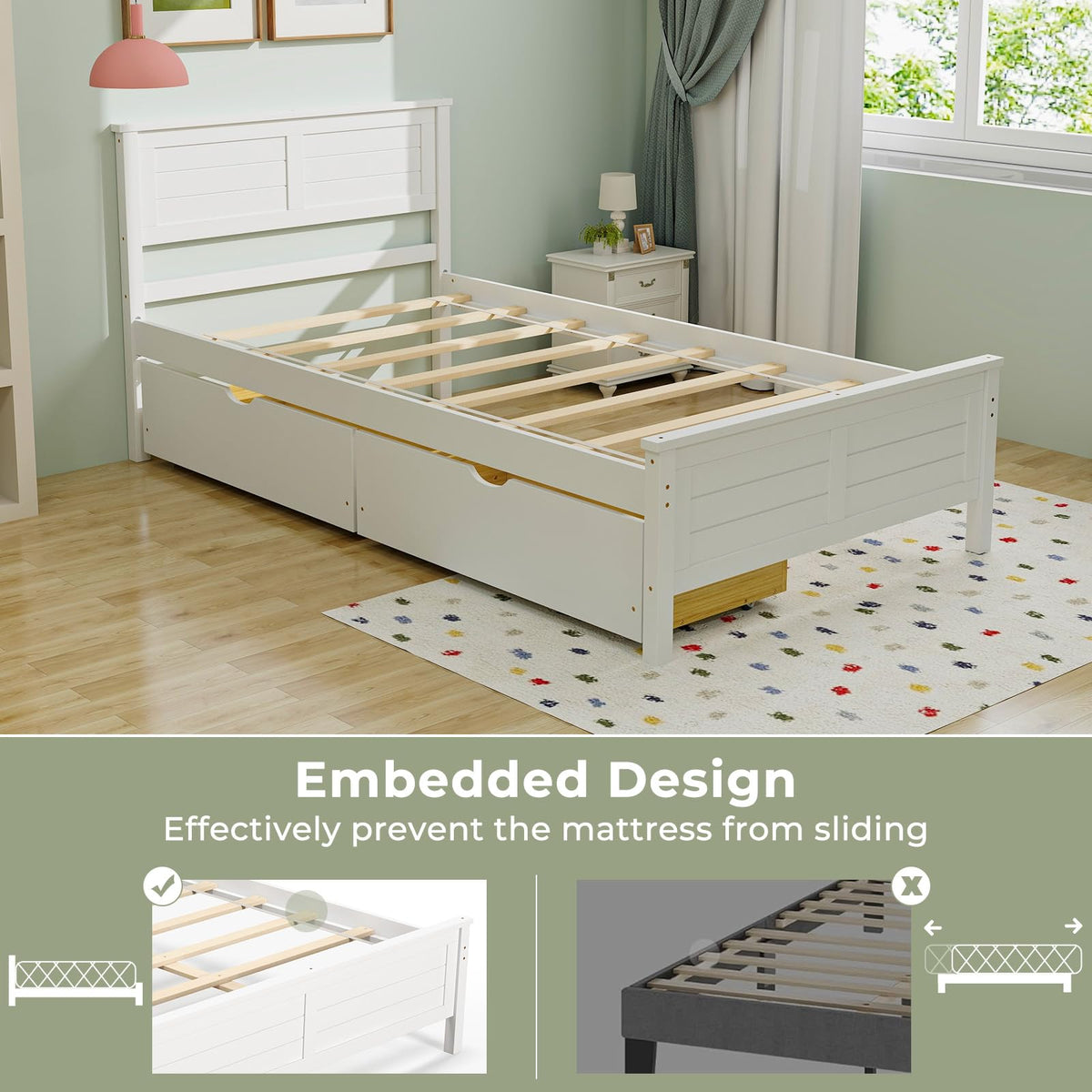 White Wood Twin Bed with 2 Storage Drawers G726