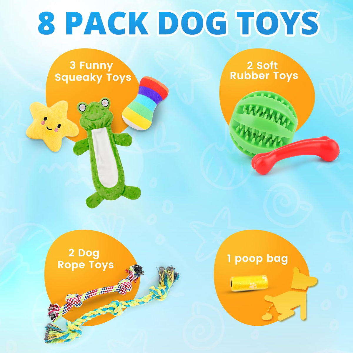 8 Pack Puppy Chew Toys with Squeaky Plush Rope and Ball R2453
