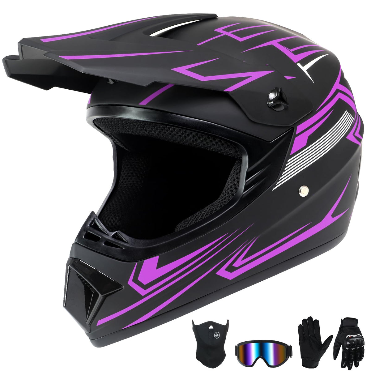 Kids Full Face Motocross Helmet 4-Pcs Set DOT Approved Purple X-Large L785