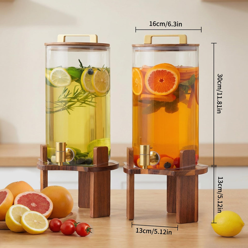 2 PCS 1.5 Gallon Glass Drink Dispenser with Wood Stand and Spigot N14689