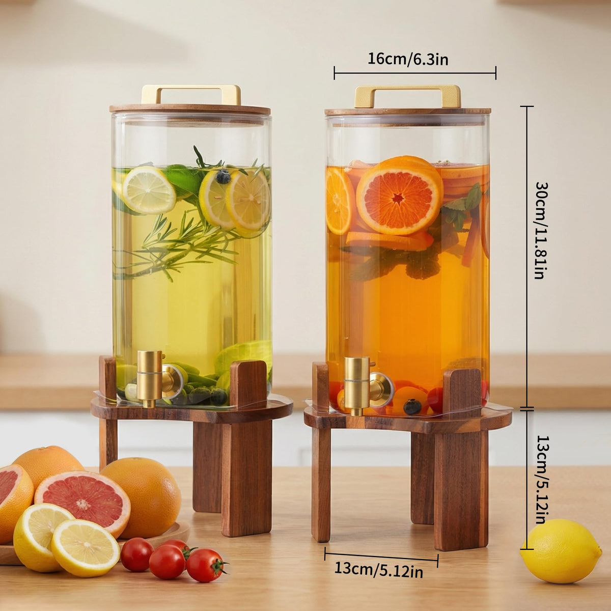 2 PCS 1.5 Gallon Glass Drink Dispenser with Wood Stand and Spigot N14689