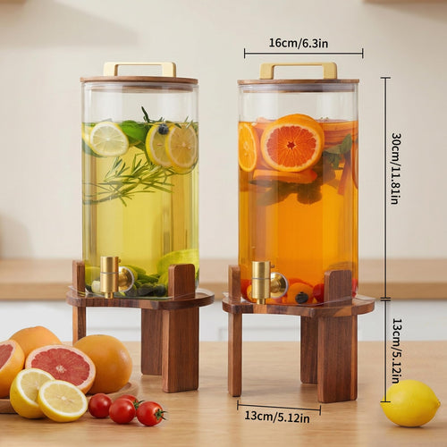 2 PCS 1.5 Gallon Glass Drink Dispenser with Wood Stand and Spigot N14689