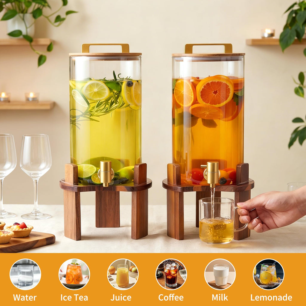 2 PCS 1.5 Gallon Glass Drink Dispenser with Wood Stand and Spigot N14689