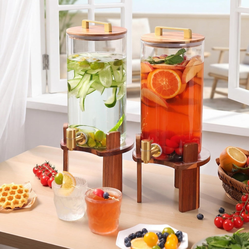 2 PCS 1.5 Gallon Glass Drink Dispenser with Wood Stand and Spigot N14689