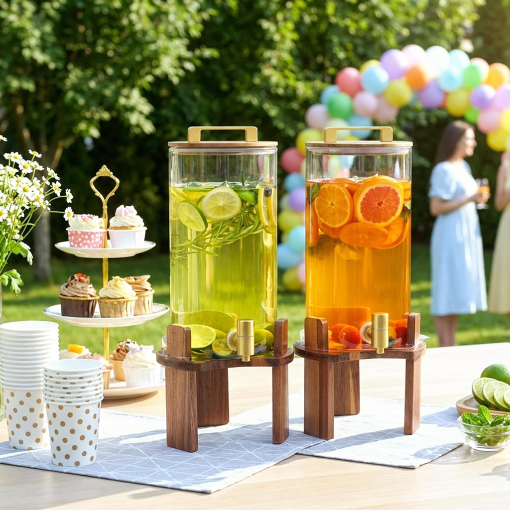 2 PCS 1.5 Gallon Glass Drink Dispenser with Wood Stand and Spigot N14689