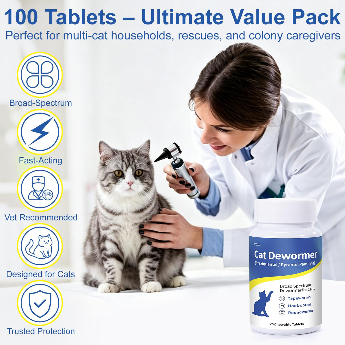 Broad Spectrum Dewormer Tablets for Cats and Kittens, 100 Tablets L6586