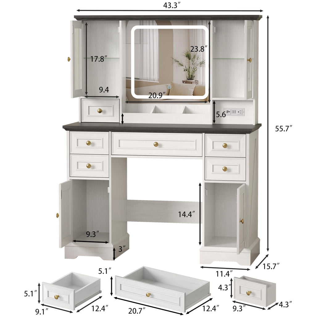 White Makeup Vanity Desk with Mirror and LED Lights R656