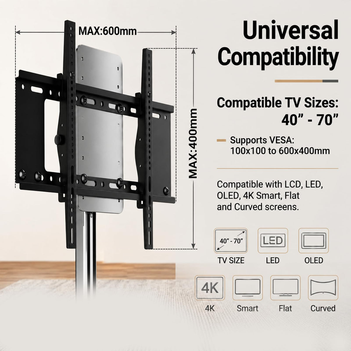 Rolling TV Stand Mount for 40” to 70” TVs up to 88 lbs with Wheels Q6912