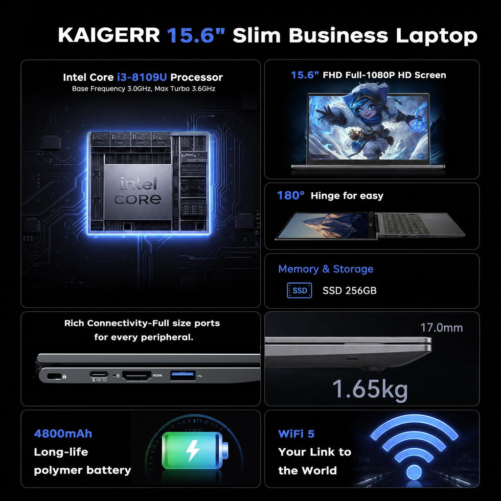 Laptop with Intel i3 Processor, 8GB RAM 256GB SSD, 15.6" FHD Display N4840