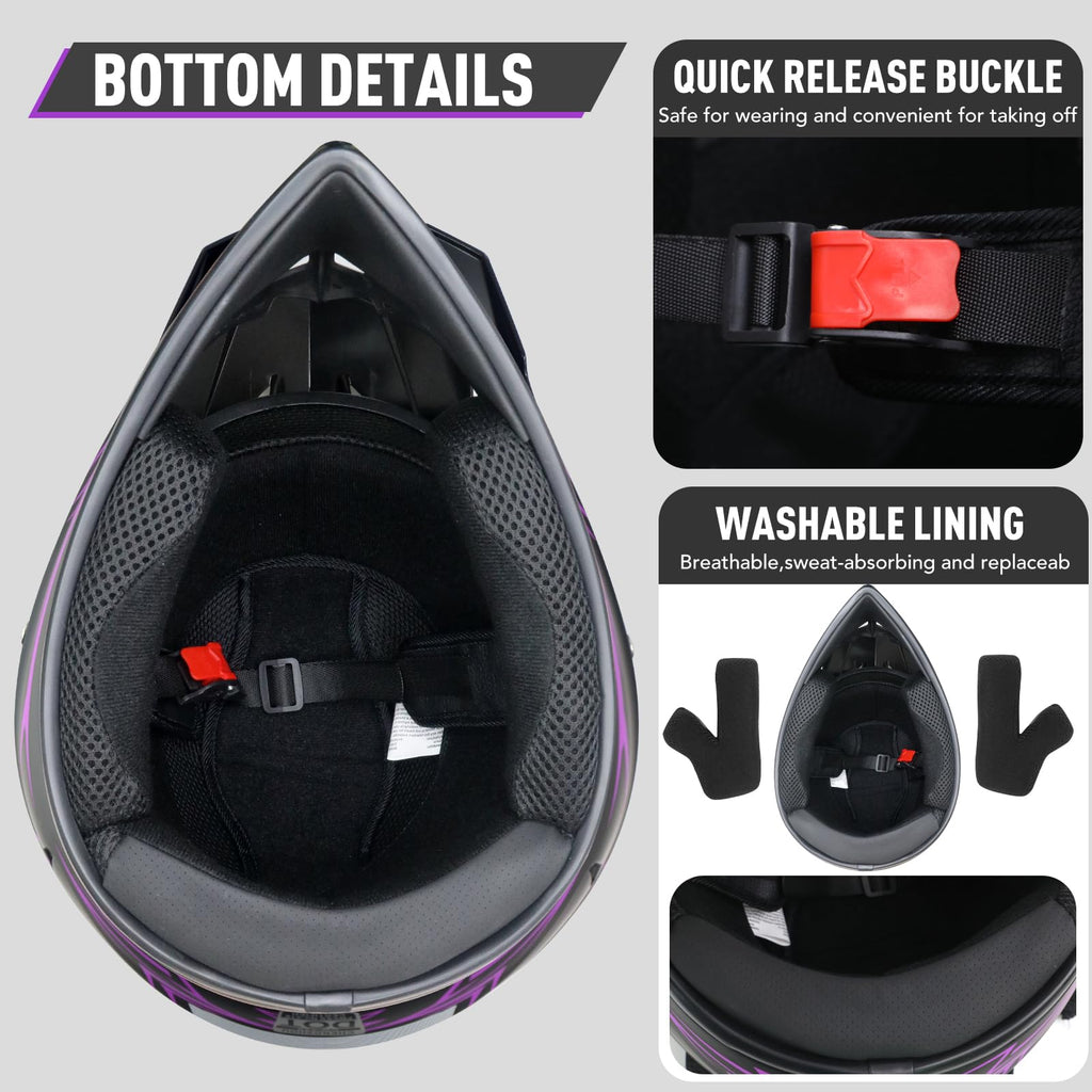 Kids Full Face Motocross Helmet 4-Pcs Set DOT Approved Purple X-Large L785