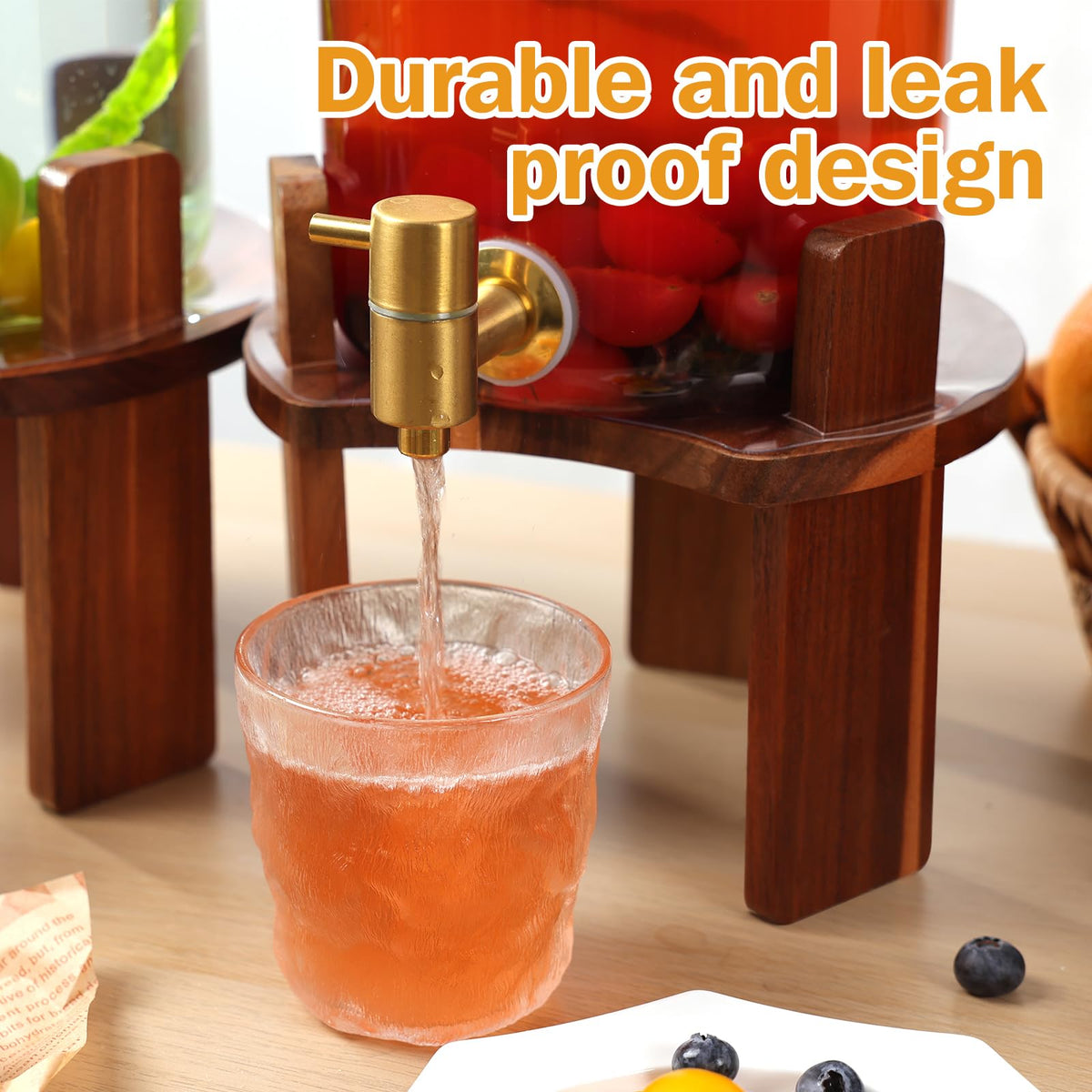 2 PCS 1.5 Gallon Glass Drink Dispenser with Wood Stand and Spigot N14689