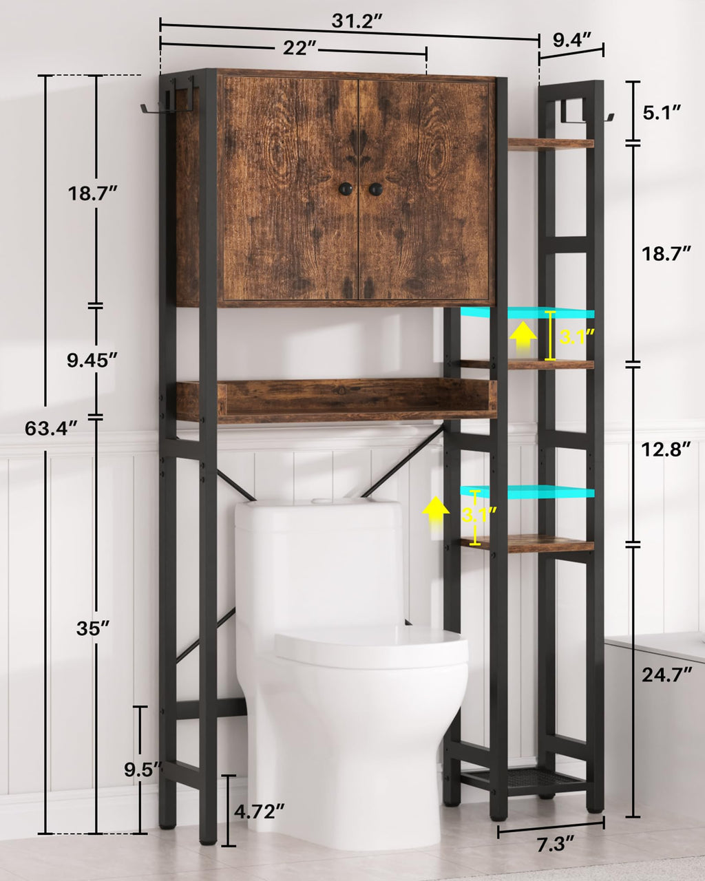 Over The Toilet Storage Cabinet with Doors, 7 Tier Bathroom Organizer with Adjustable Shelf J23970