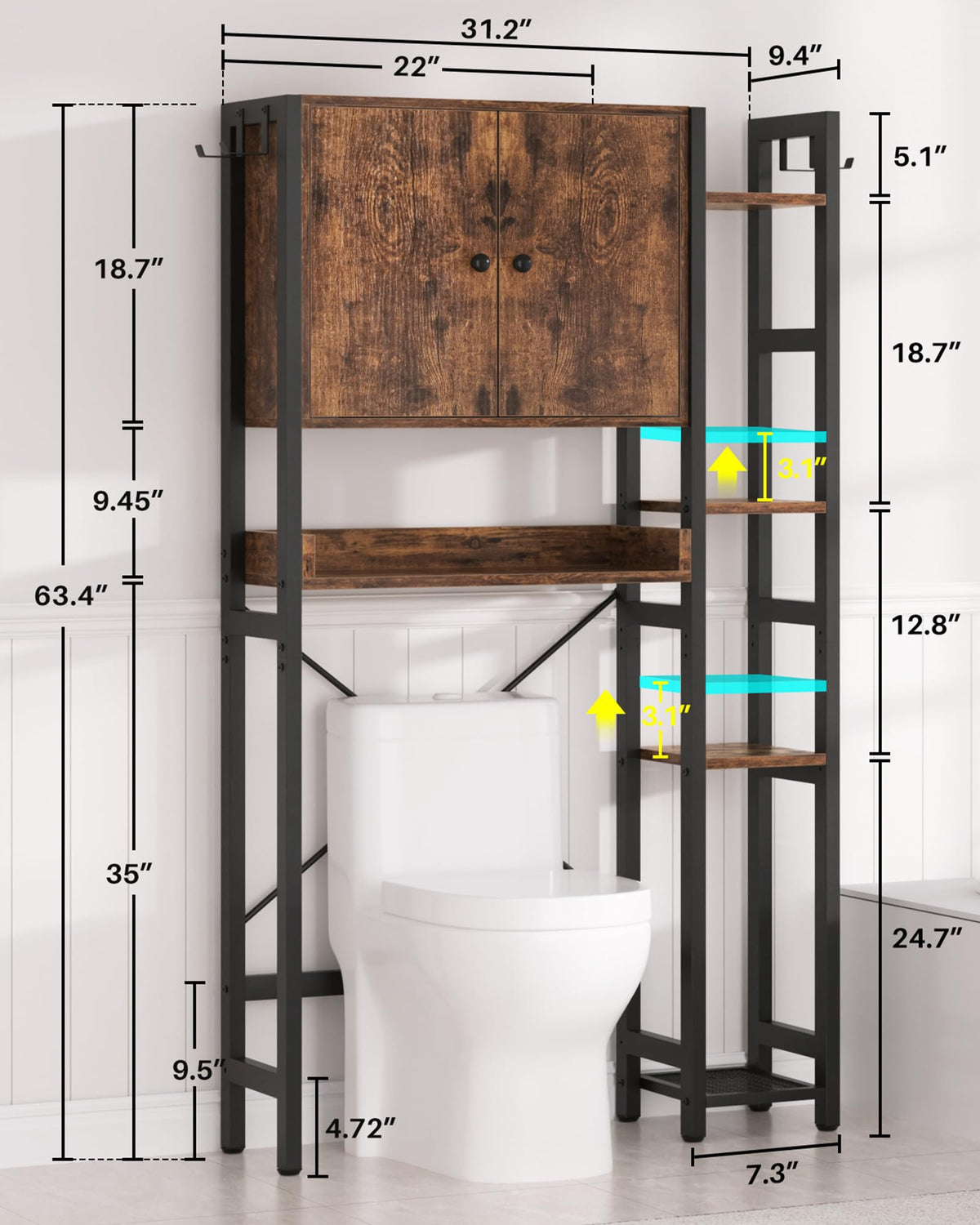 Over The Toilet Storage Cabinet with Doors, 7 Tier Bathroom Organizer with Adjustable Shelf J23970