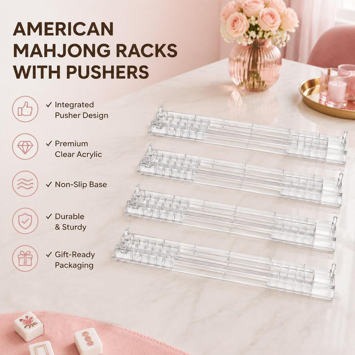 Clear Mahjong Racks with Pushers 4-Pack V14927