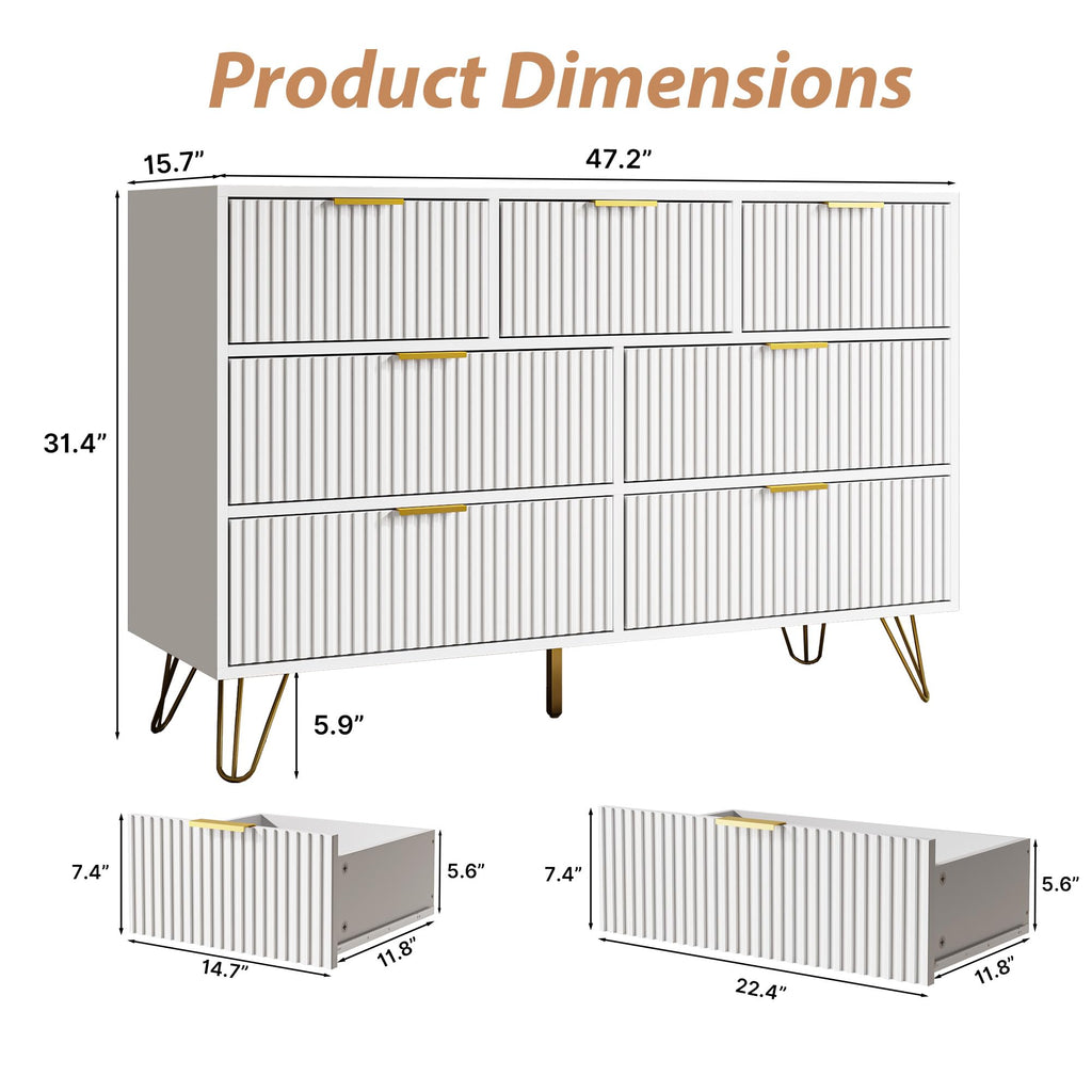 White 7 Drawer Fluted Dresser S409