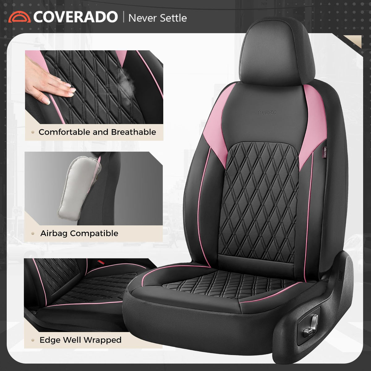 Black Pink Faux Leather Car Seat Covers Full Set B84954