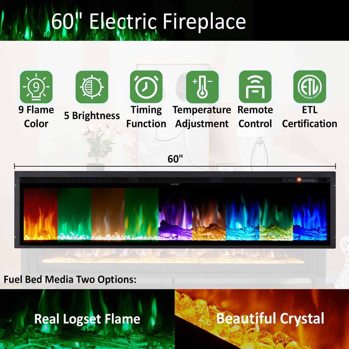 65" Fireplace TV Stand with 60" Glass Electric Fireplace J60956