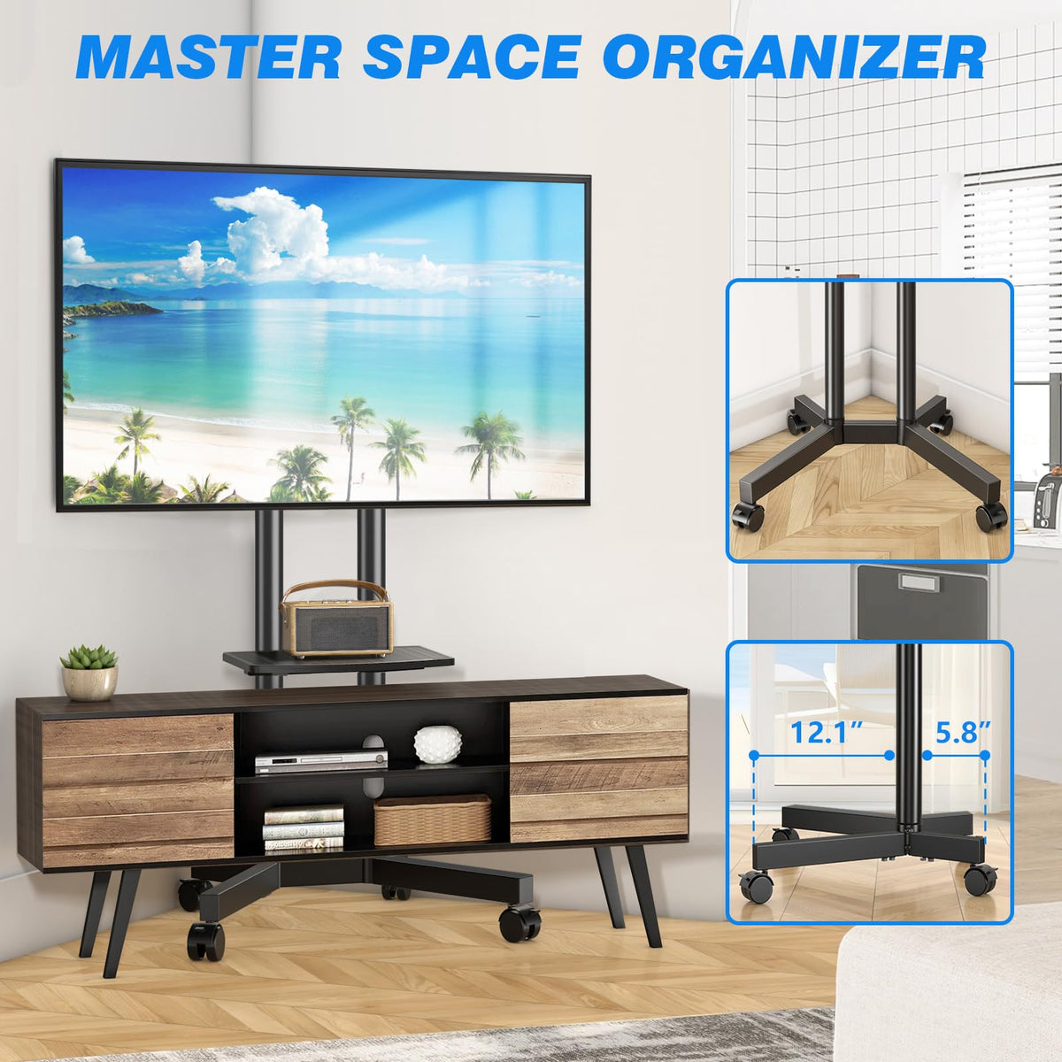 Rolling TV Stand with Laptop Shelf, Height Adjustable up to 88lbs K91466