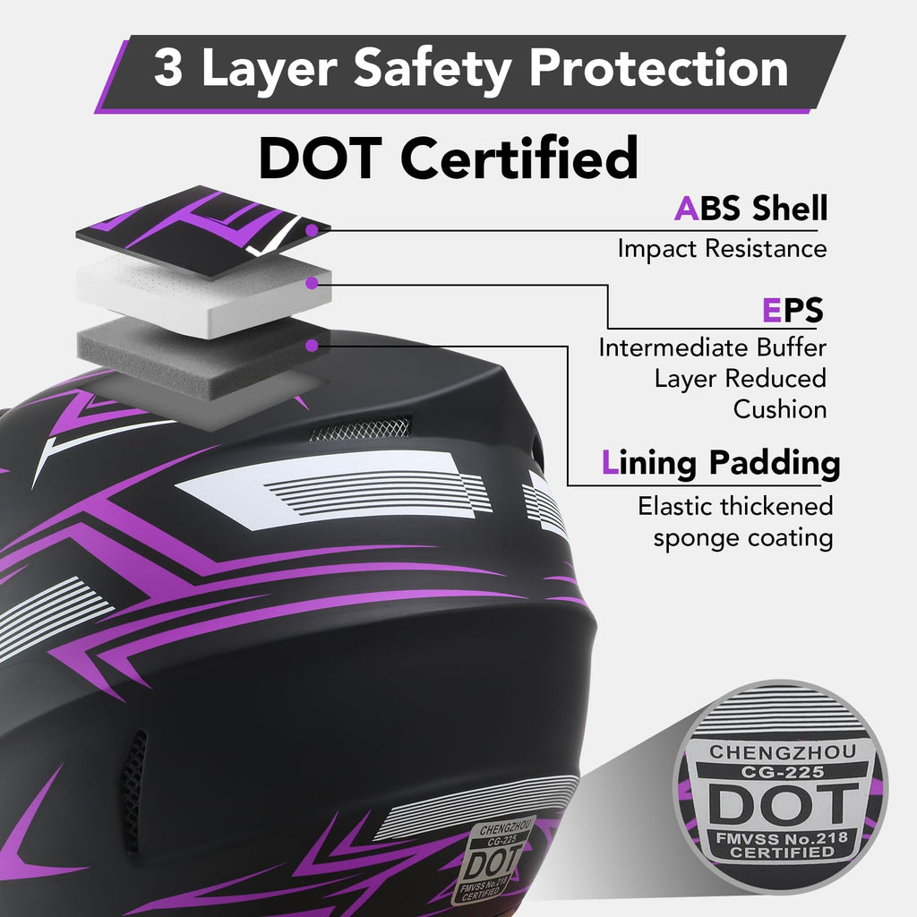 Kids Full Face Motocross Helmet 4-Pcs Set DOT Approved Purple X-Large L785