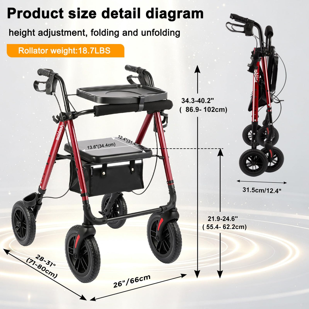 Foldable Rollator Walker with Seat & Tray T4820