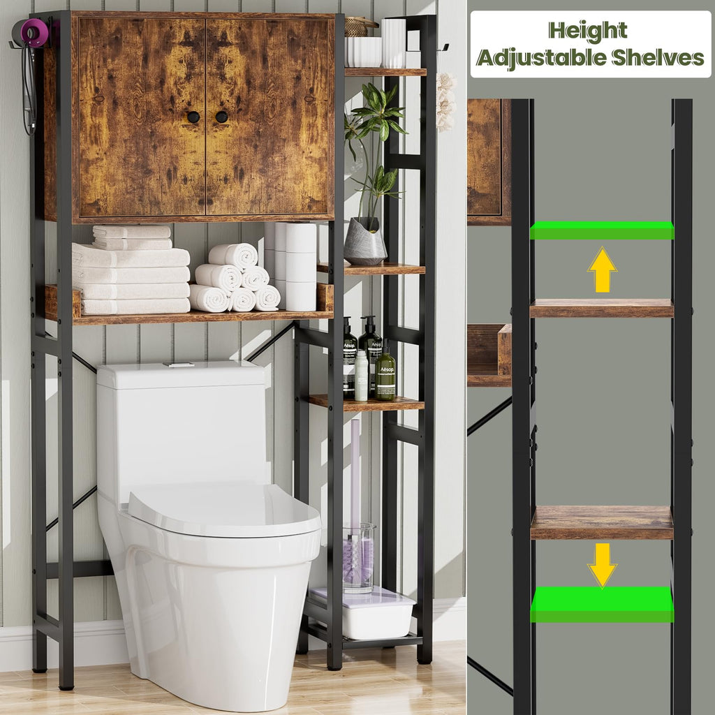 Over The Toilet Storage Cabinet with Doors, 7 Tier Bathroom Organizer with Adjustable Shelf J23970