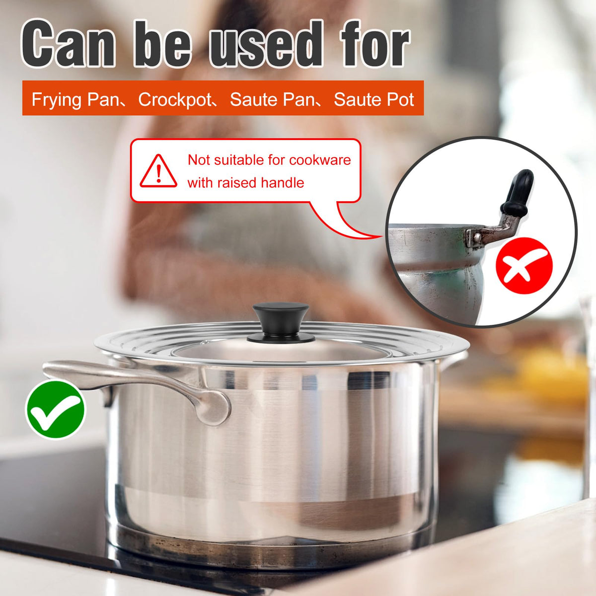 Universal Lid for Pots and Pans Skillets 8.2-12.5 Inch Stainless Steel J725208