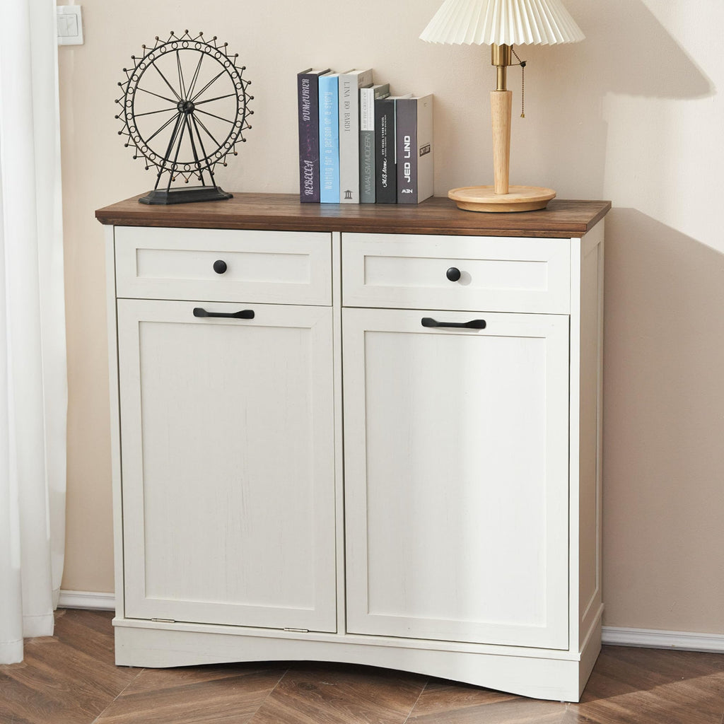 Antique White 2x13 Gallons Trash Can Cabinet J9737