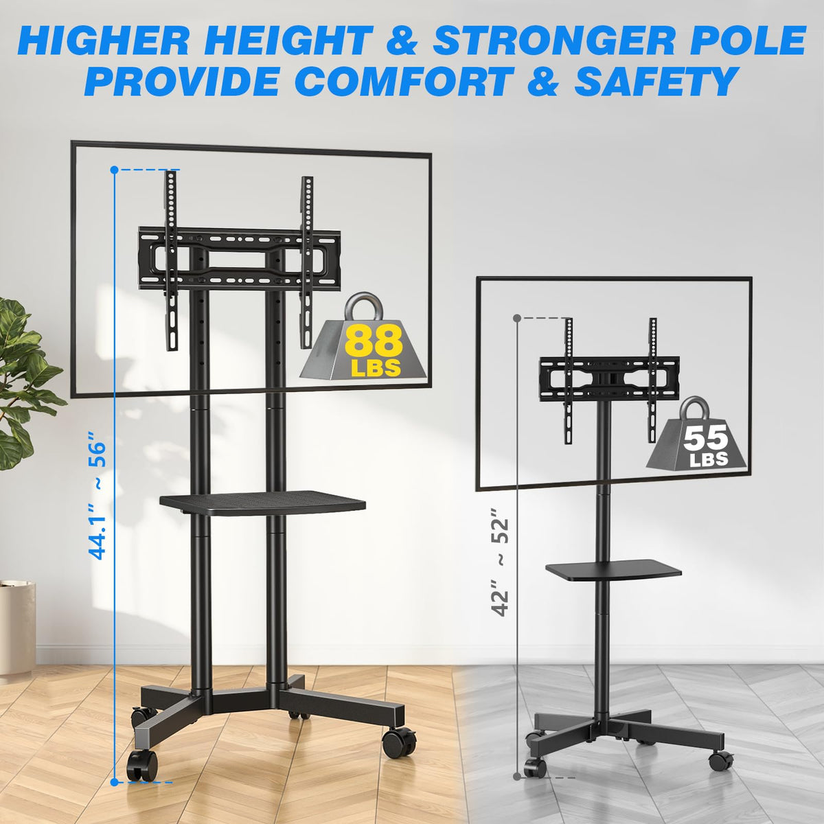 Rolling TV Stand with Laptop Shelf, Height Adjustable up to 88lbs K91466