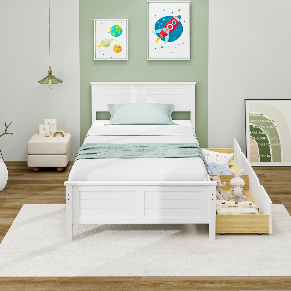 White Wood Twin Bed with 2 Storage Drawers G726