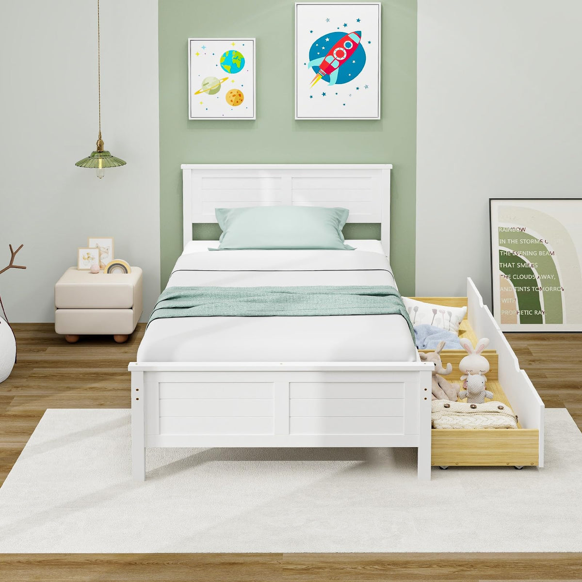 White Wood Twin Bed with 2 Storage Drawers G726