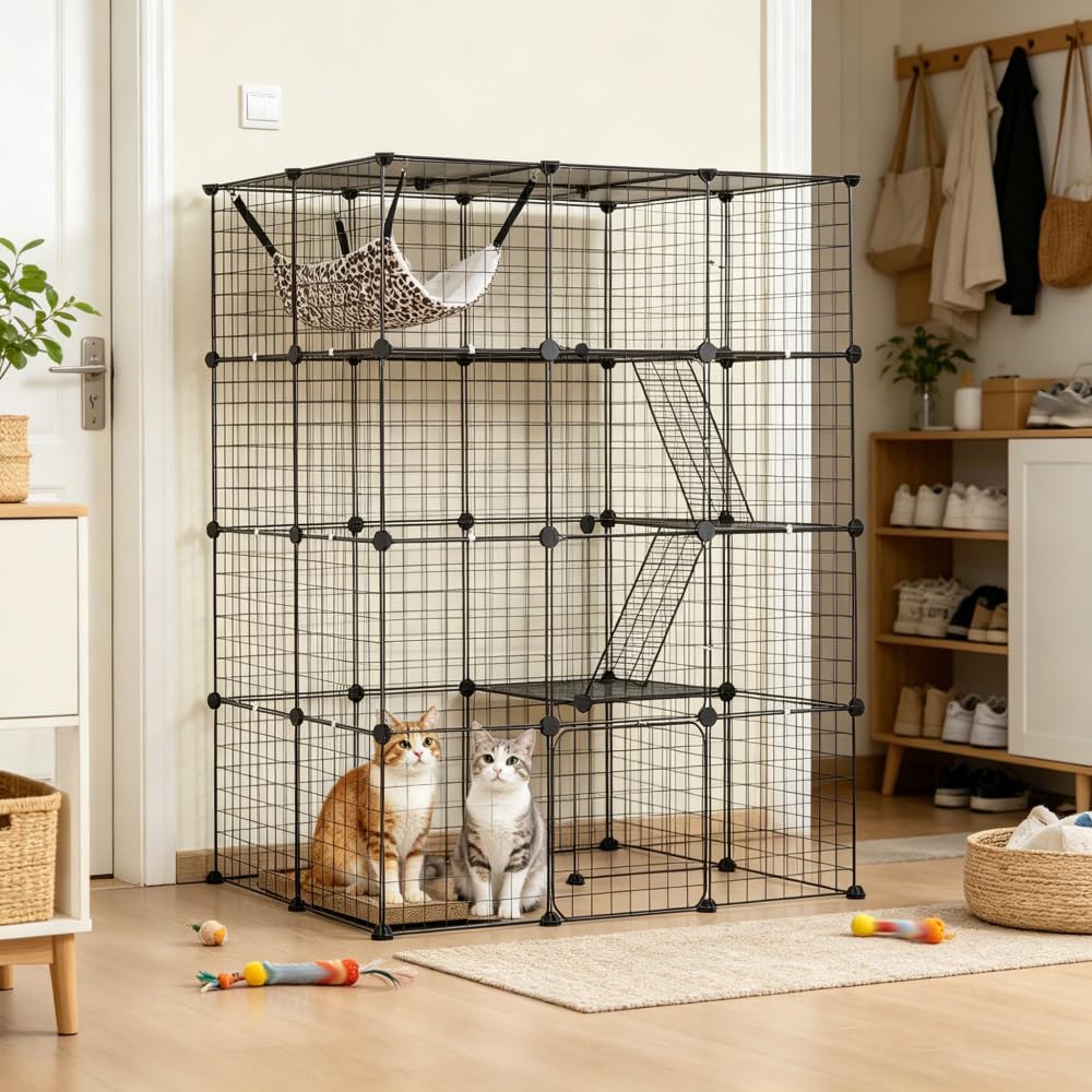 4-Tier Metal Wire Cat Cage with Hammock, Platforms & Ramps, Black L612056