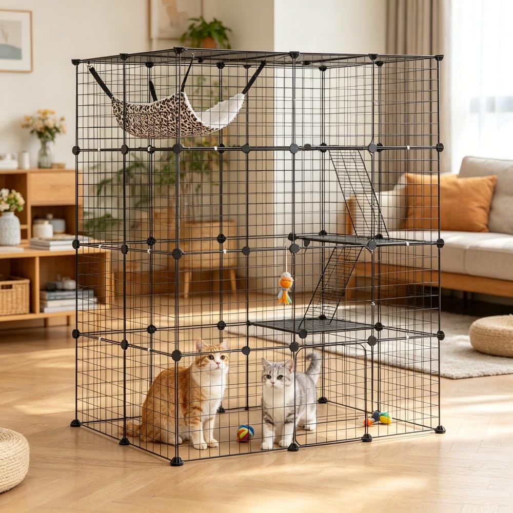 4-Tier Metal Wire Cat Cage with Hammock, Platforms & Ramps, Black L612056