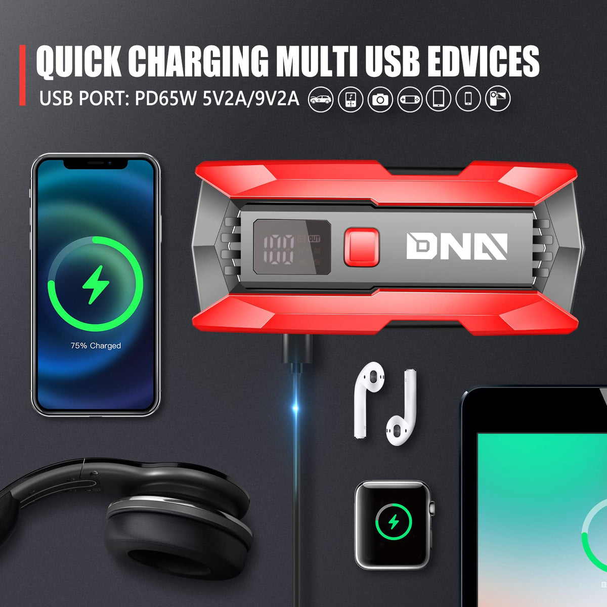 12V 2000A Peak Portable Car Battery Jump Starter with Carry Case Z9245