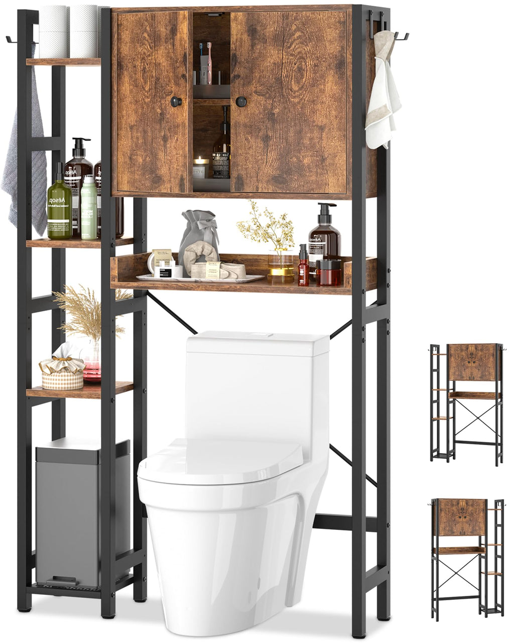 Over The Toilet Storage Cabinet with Doors, 7 Tier Bathroom Organizer with Adjustable Shelf J23970