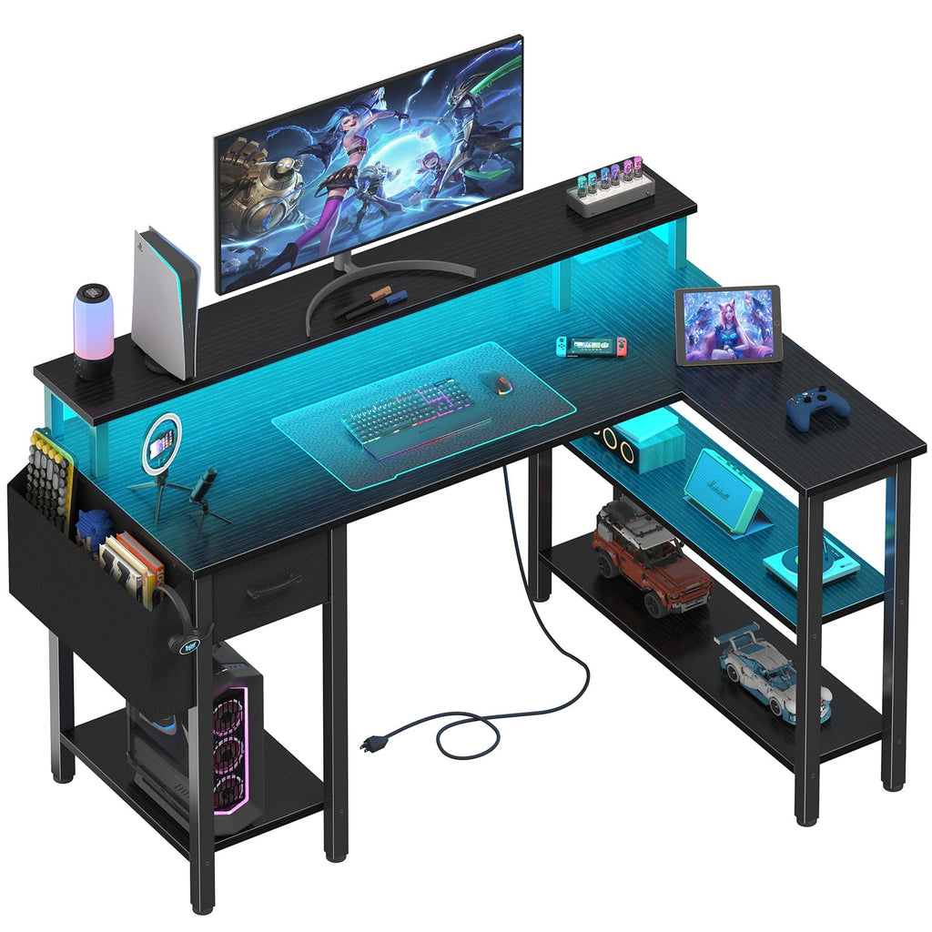 L Shaped Gaming Desk with Storage Shelves, 47 inch Black Y706518