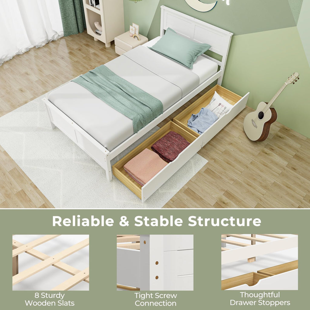 White Wood Twin Bed with 2 Storage Drawers G726