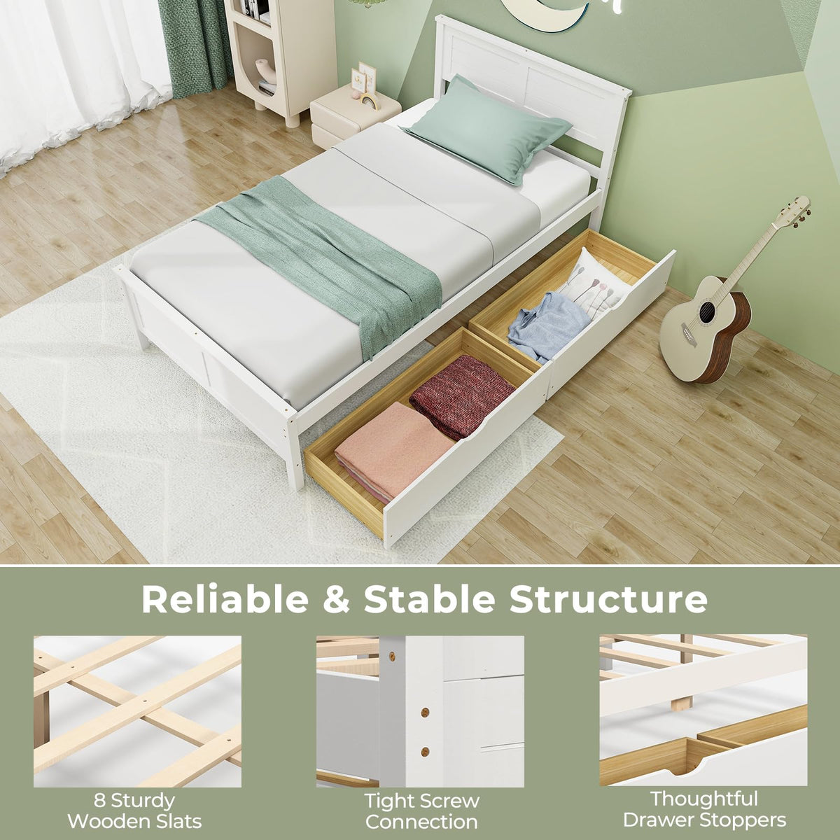White Wood Twin Bed with 2 Storage Drawers G726