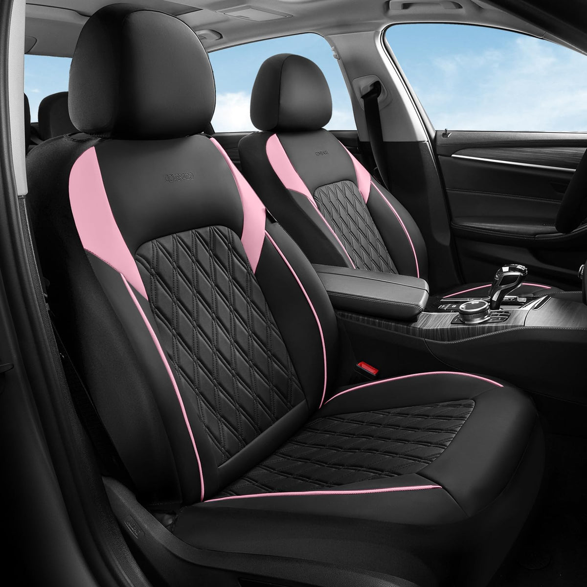 Black Pink Faux Leather Car Seat Covers Full Set B84954
