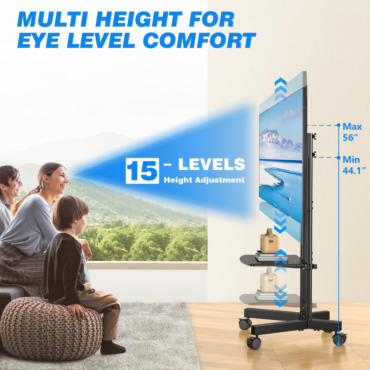 Rolling TV Stand with Laptop Shelf, Height Adjustable up to 88lbs K91466
