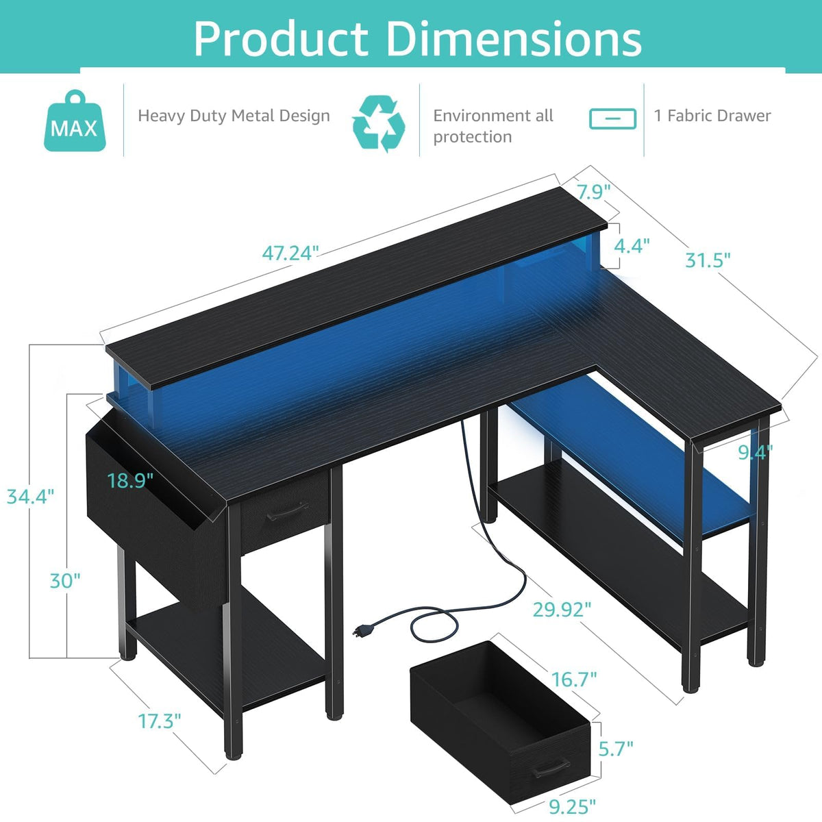 L Shaped Gaming Desk with Storage Shelves, 47 inch Black Y706518